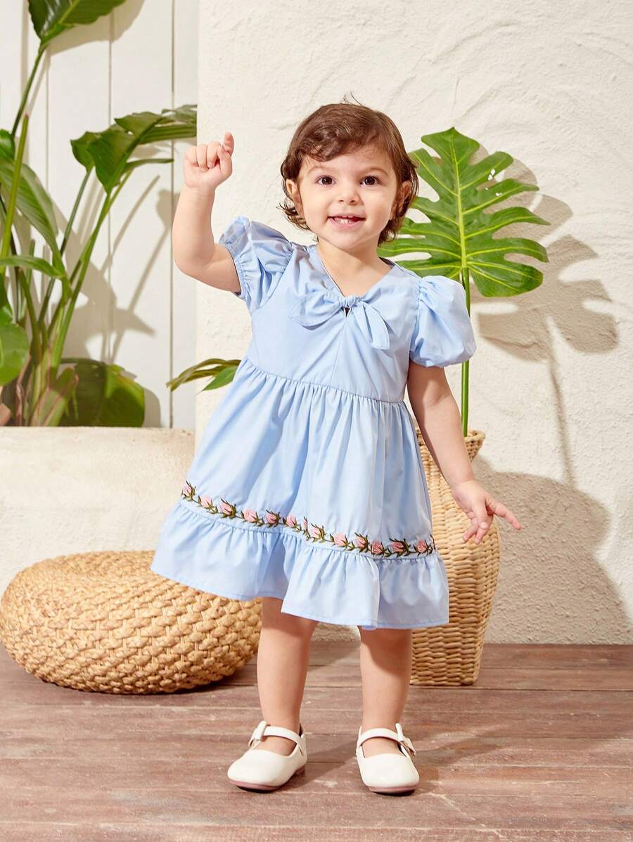 Baby Girl's Summer Sweet Floral Embroidered Dress With Bowknot And Ruffle Hem - Blue - View 1