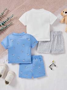 SHEIN 2 Stücke/set Infant Jungen Giraffen Bedrucktes T-shirt Mit Kurzen Ärmeln Und Shorts Für Frühling/sommer - Verschiedenfarbig - Übersicht 2