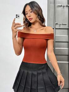 SHEIN Unity Women's Solid Color Off Shoulder Top - Rust Brown - View 6