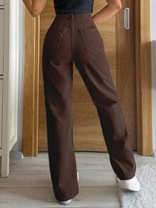 EURMUSE 100%Cotton Solid Color Straight-Leg Denim Pants - Chocolate Brown - View 2