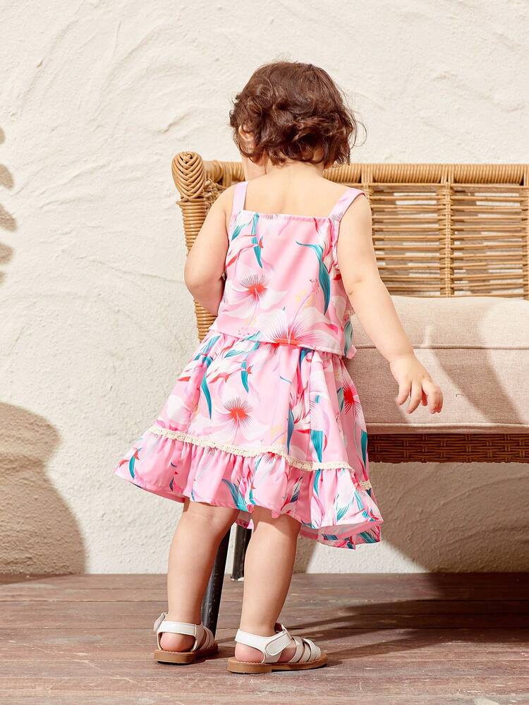 Baby Girl Summer Vacation Floral Print Ruffle Cami Top And Elastic Waistband Skirt Set