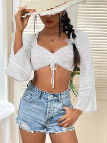 SHEIN Unity Women's Hollow Out Short Knit Pullover Fall Winter Sweater - White - View 1