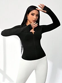 Easithlete Màu thuần Đứng cổ áo Jacket thể thao / Dây kéo / Liền mạch - màu đen - Xem 6