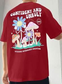 Manfinity VCAY T-shirt Décontracté En Tricot Pour Hommes Avec Champignons Et Lettres Imprimés