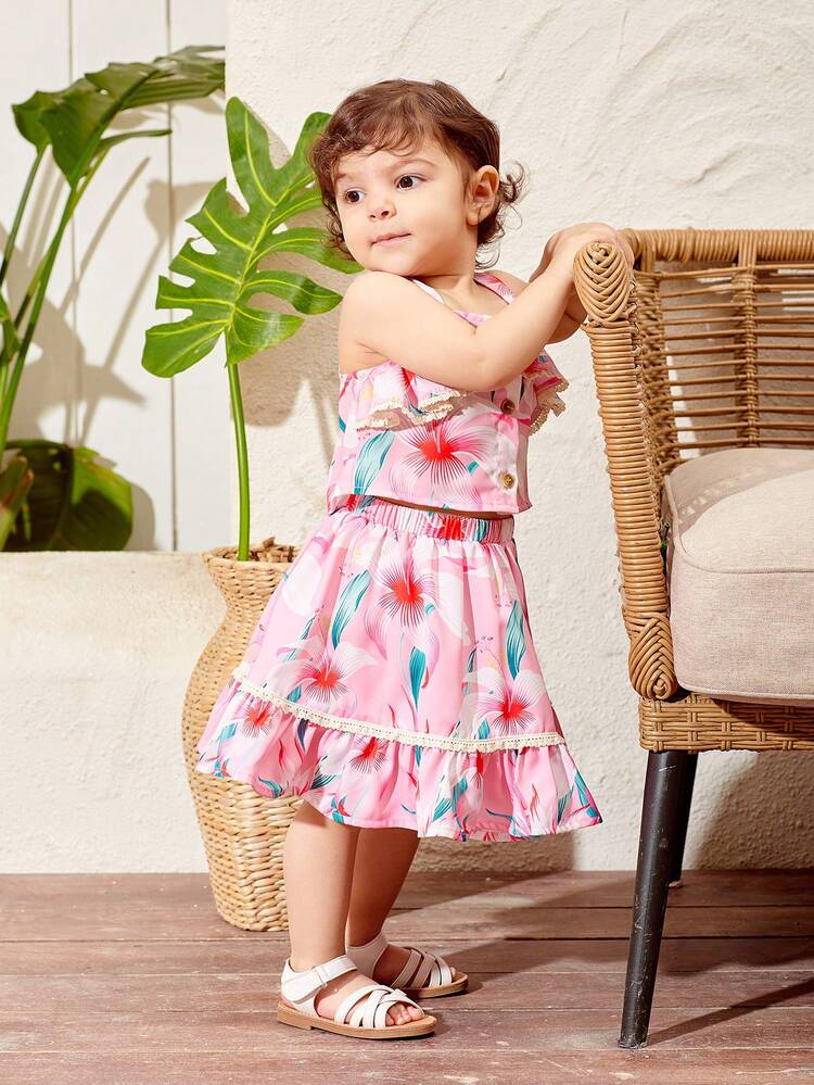 Baby Girl Summer Vacation Floral Print Ruffle Cami Top And Elastic Waistband Skirt Set