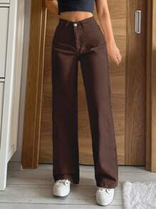 EURMUSE 100%Cotton Solid Color Straight-Leg Denim Pants - Chocolate Brown - View 5