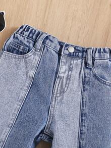 SHEIN Girls' Summer Holiday Y2K High Waist Soft Comfortable Casual Fashion Jeans With Color-Block Design - Light Wash - View 3