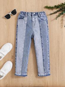 SHEIN Girls' Summer Holiday Y2K High Waist Soft Comfortable Casual Fashion Jeans With Color-Block Design - Light Wash - View 7