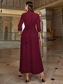 Al Najma 勃艮第红色女士金色装饰两件套连衣裙，端庄的全长摩洛哥卡夫坦连衣裙 - 酒紅色 - 查看 5