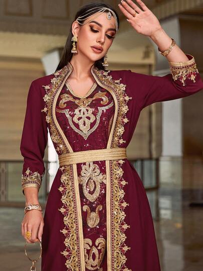 Al Najma 勃艮第红色女士金色装饰两件套连衣裙，端庄的全长摩洛哥卡夫坦连衣裙