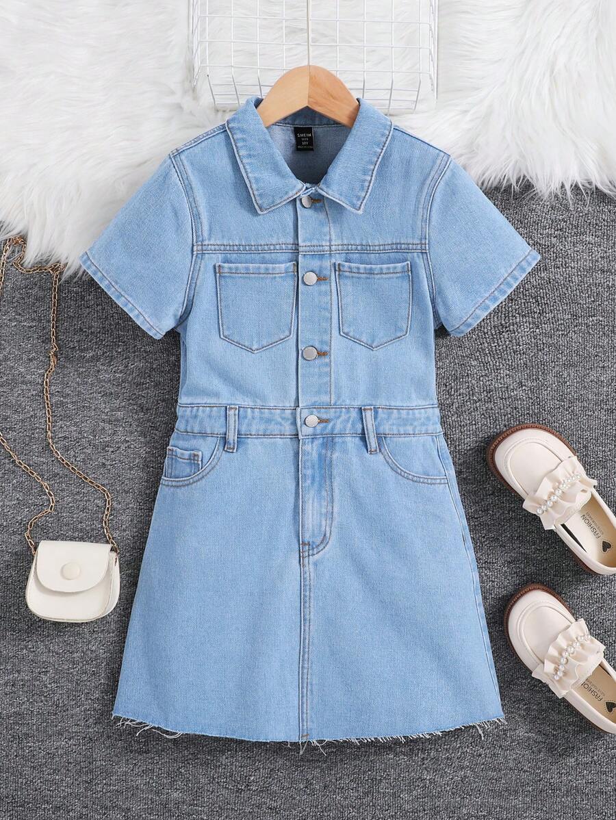 SHEIN Tween Girls' Denim Overall Dress - Light Wash - View 1
