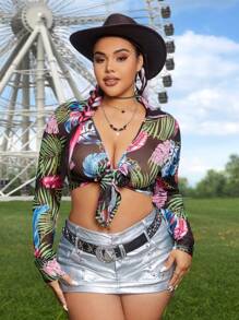 Allurite Women's Plant Print Tie Front Top Fall Cloth For Women - Multicolor - View 1