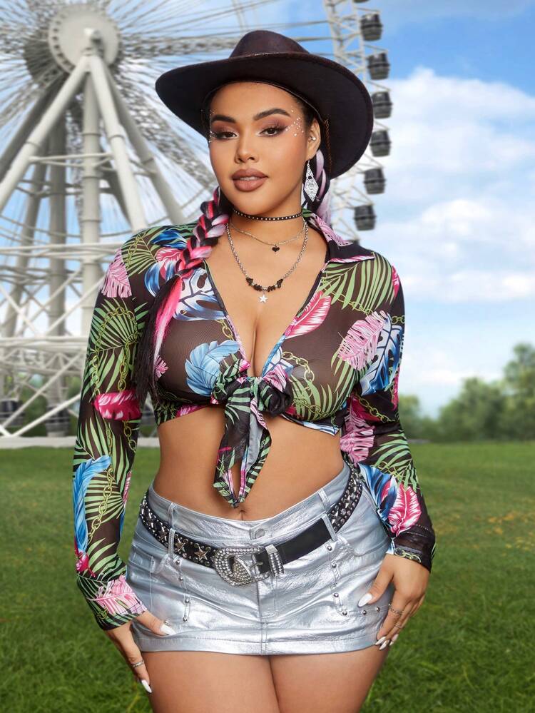 Women's Plant Print Tie Front Top Fall Cloth For Women