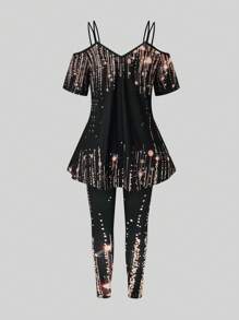 Calvaya Plus Size Iridescent Print Off-The-Shoulder Top And Skinny Pants - Multicolor - View 2