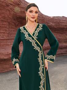 刺绣串珠 V 领连衣裙，优雅奢华晚会风格女士秋季服装 - 墨綠色 - 查看 2