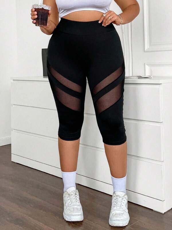 Calvaya Plus Size Sheer Mesh Splicing Leggings