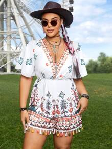 SHEIN LUNE 加大碼女性幾何圖案荷葉袖連體褲 - 白色 - 查看 3