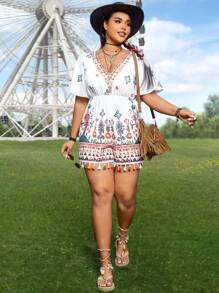 SHEIN LUNE 加大碼女性幾何圖案荷葉袖連體褲 - 白色 - 查看 4