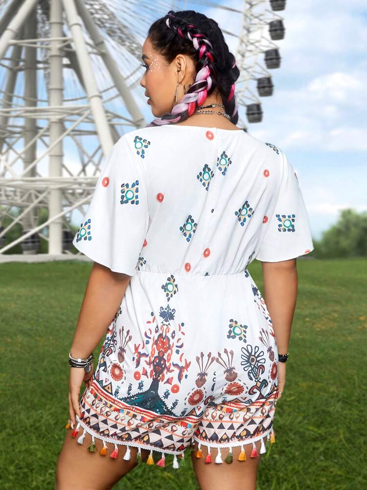 Plus Size Women's Geometric Print Ruffled Sleeve Romper