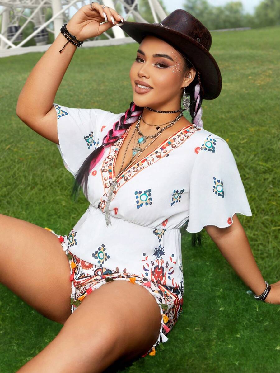 SHEIN LUNE 加大碼女性幾何圖案荷葉袖連體褲 - 白色 - 查看 1