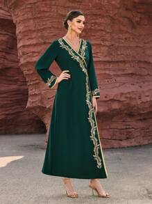 刺绣串珠 V 领连衣裙，优雅奢华晚会风格女士秋季服装 - 墨綠色 - 查看 4