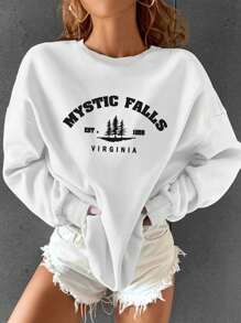 女士秋冬标语图案长袖圆领运动衫，休闲宽松百搭假日风格上衣，时尚秋季女装，适合日常穿着