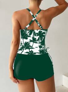Swim Lushoire Summer Beach Women's Tropical Print Cross Back Drawstring Side Tankini Top And Swim Shorts - Dark Green - View 2