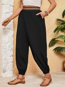 SHEIN Clasi 大尺碼幾何刺繡腰部彈性口袋褲 - 黑色 - 查看 4