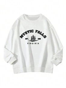 女士秋冬标语图案长袖圆领运动衫，休闲宽松百搭假日风格上衣，时尚秋季女装，适合日常穿着