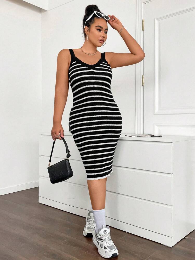 Plus Size V-Neck Striped Sleeveless Sweater Dress
