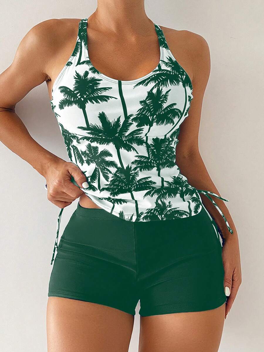 Swim Lushoire Summer Beach Women's Tropical Print Cross Back Drawstring Side Tankini Top And Swim Shorts - Dark Green - View 1