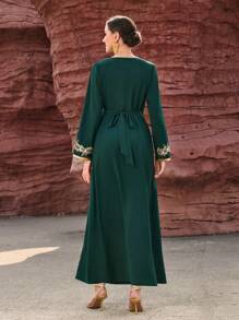 刺绣串珠 V 领连衣裙，优雅奢华晚会风格女士秋季服装 - 墨綠色 - 查看 5