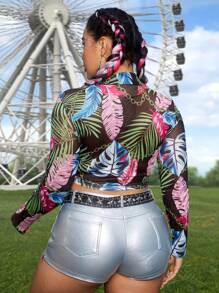 Allurite Women's Plant Print Tie Front Top Fall Cloth For Women - Multicolor - View 2