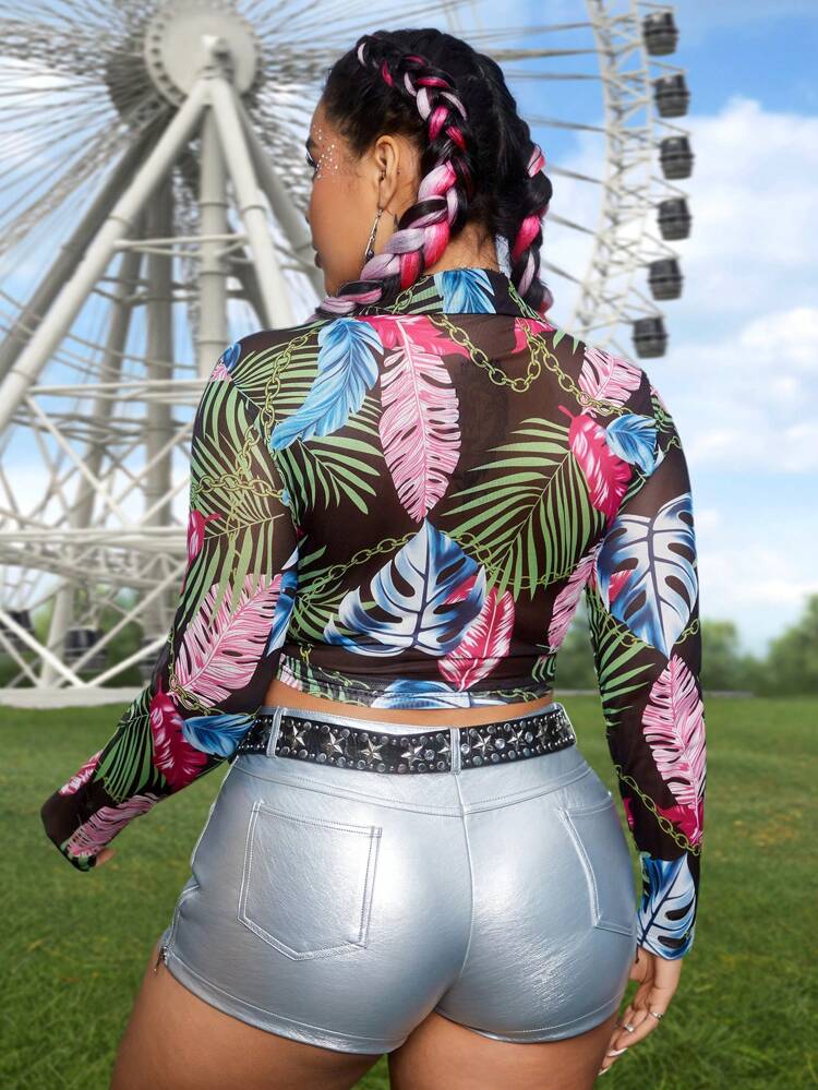 Women's Plant Print Tie Front Top Fall Cloth For Women