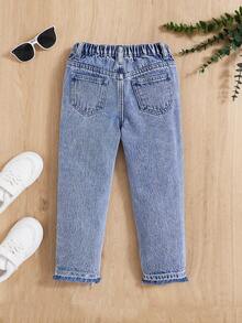 SHEIN Girls' Summer Holiday Y2K High Waist Soft Comfortable Casual Fashion Jeans With Color-Block Design - Light Wash - View 2