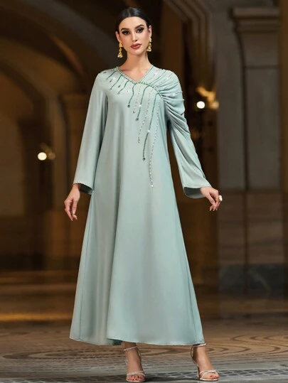 Al Najma Asymmetric Long Green Dress Modest Dress Elegant Luxury Long Sleeve Arabian Dress Kaftan Jalabiya Dress