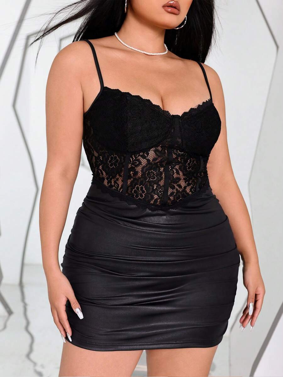 Allurite Kích thước lớn Ren Nối Gập lại Thon gọn Váy Dây - màu đen - Xem 1