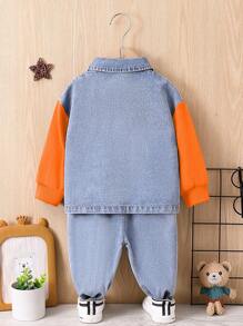 Baby Boy 2pcs/Set Autumn Cool Two Tone Denim Jacket And Pants Outfits - Orange - View 2