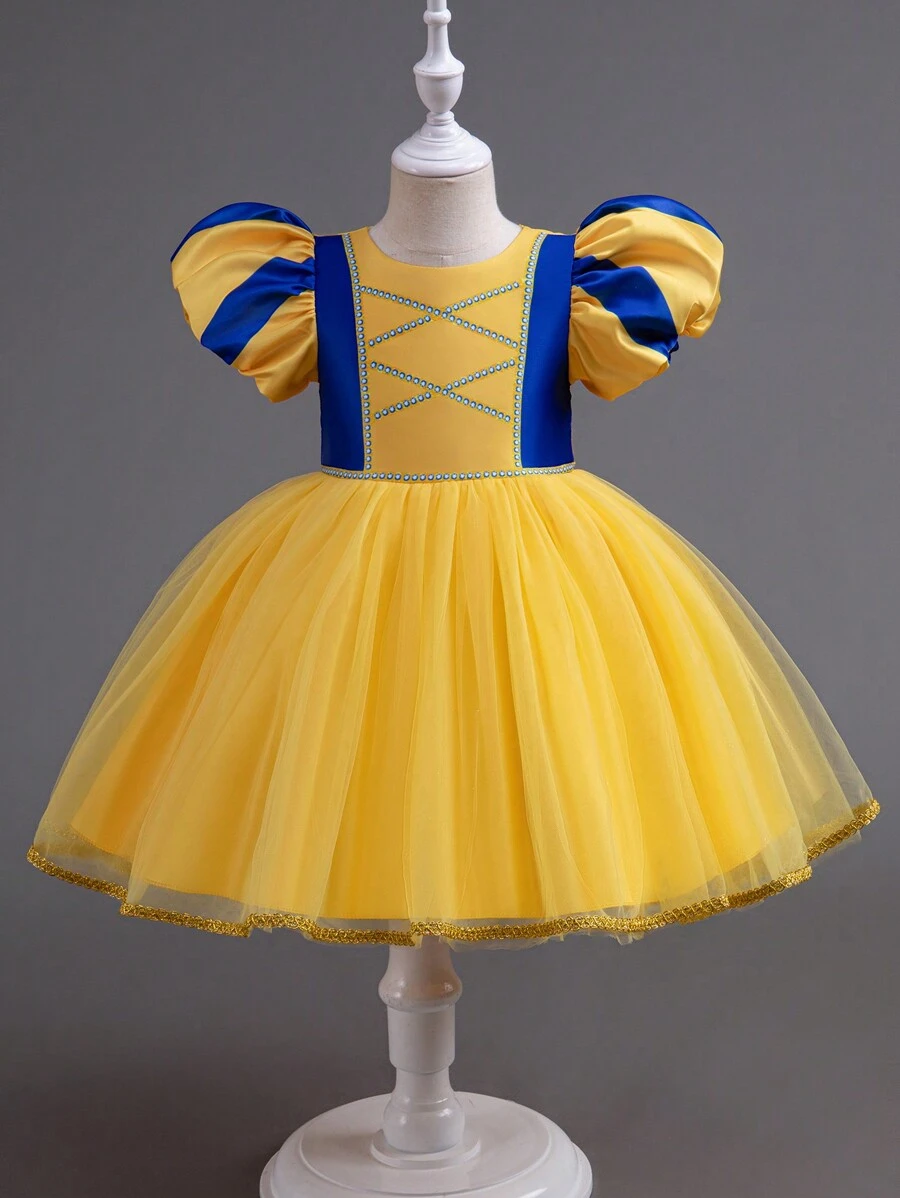 Young Girl Cosplay Princess Dress, Bridal Gown, Bubble Sleeve And Puffy Skirt Birthday Party And Wedding Flower Girl Dress, Suitable For All Seasons - Yellow - View 1