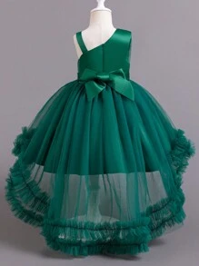 SHEIN Glamorique Kids St. Patrick's Day Young Girl Sequined Waist One Shoulder Suspender Princess Dress Short Front Long Back Dress Mesh Tulle Tulle Party Dress Birthday Party Wedding Flower Girl Dress Four Seasons - Green - View 2