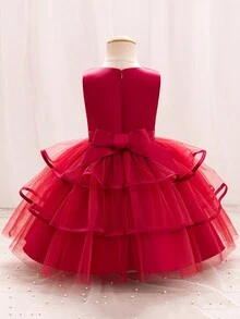 結婚日記年輕女孩蝴蝶結公主裙紗裙派對禮服生日婚禮花童裙四季 - 酒紅色 - 查看 2