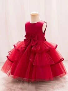 結婚日記年輕女孩蝴蝶結公主裙紗裙派對禮服生日婚禮花童裙四季 - 酒紅色 - 查看 3