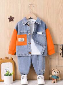 Baby Boy 2pcs/Set Autumn Cool Two Tone Denim Jacket And Pants Outfits - Orange - View 1