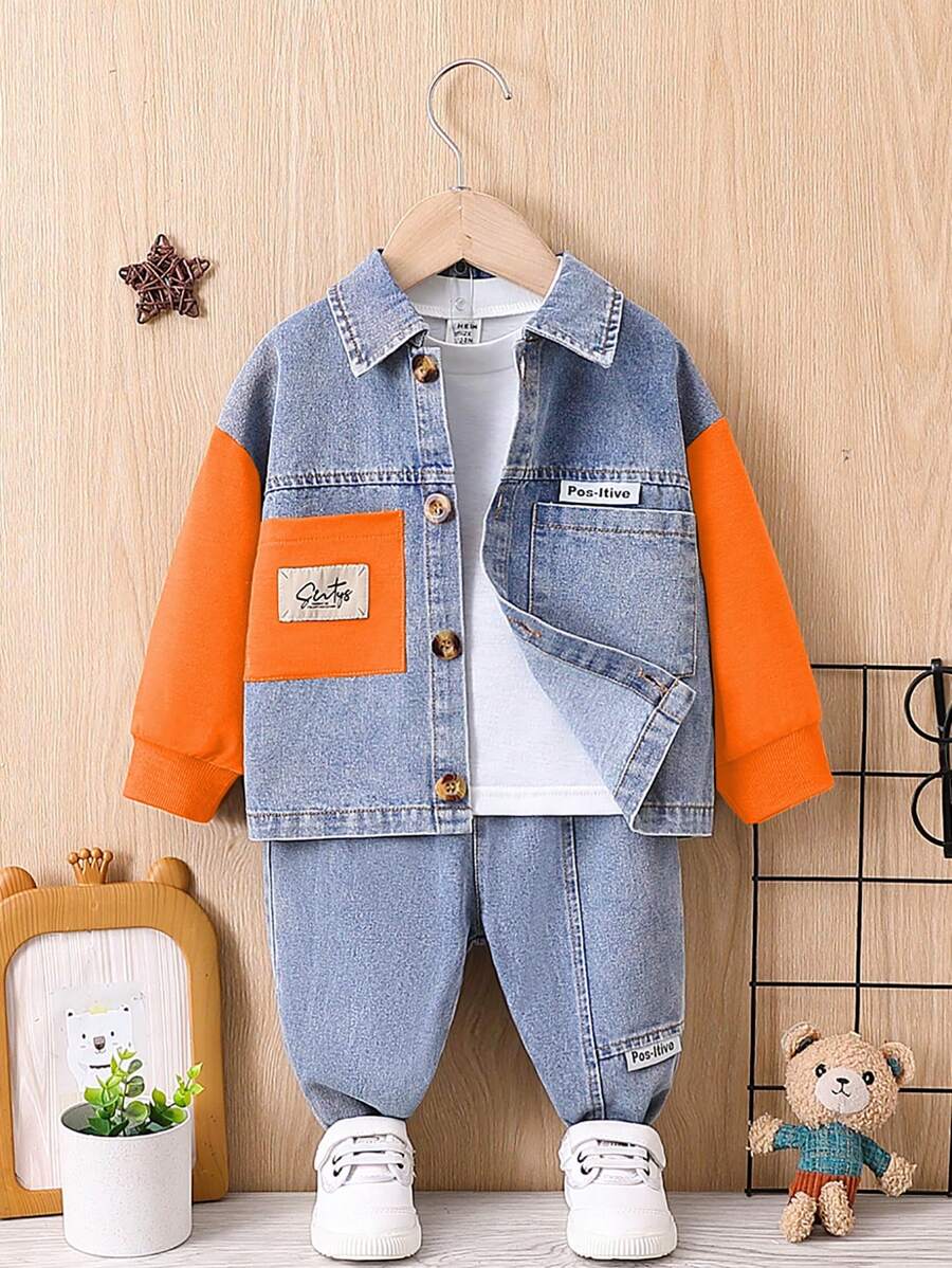 Baby Boy 2pcs/Set Autumn Cool Two Tone Denim Jacket And Pants Outfits - Orange - View 1