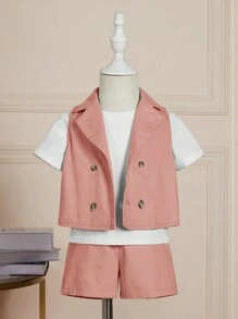 SHEIN مجموعة قميص بدون أكمام وشورت للأطفال الرُضَّع بتصميم كتل الألوان - وردي - مشاهدة 1