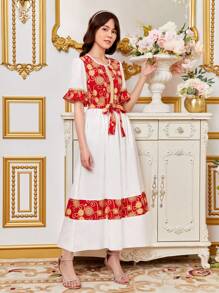 Teen Girl Printed Patchwork Ruffle Sleeve Long Dress Church Dresses - White - View 6