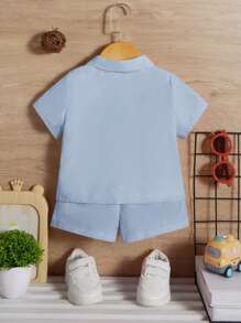 SHEIN 3件套嬰兒男孩休閒襯衫、短褲和短袖t恤裝 - 藍色 - 查看 6