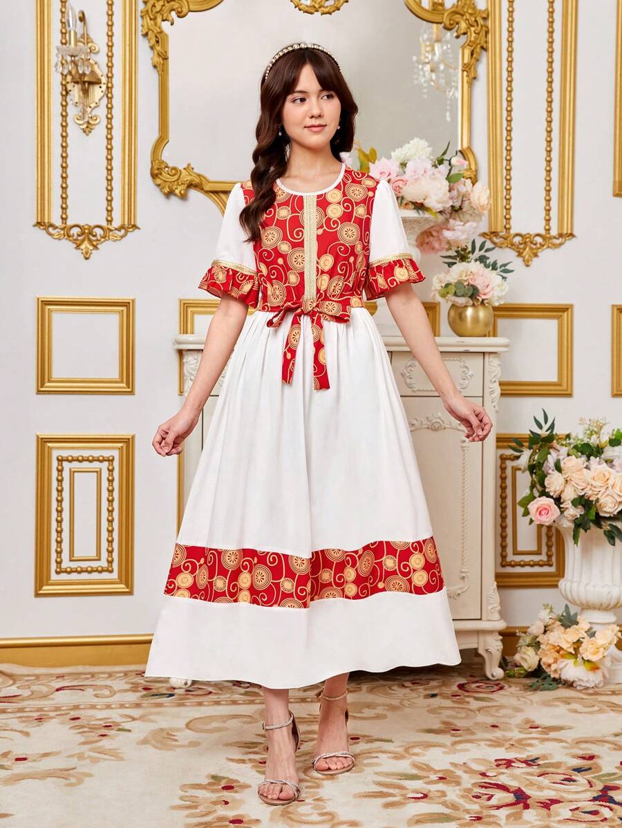 Teen Girl Printed Patchwork Ruffle Sleeve Long Dress Church Dresses - White - View 1