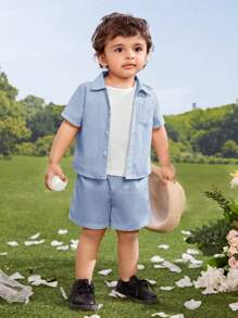 SHEIN 3件套嬰兒男孩休閒襯衫、短褲和短袖t恤裝 - 藍色 - 查看 3