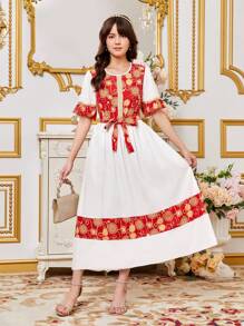 Teen Girl Printed Patchwork Ruffle Sleeve Long Dress Church Dresses - White - View 3